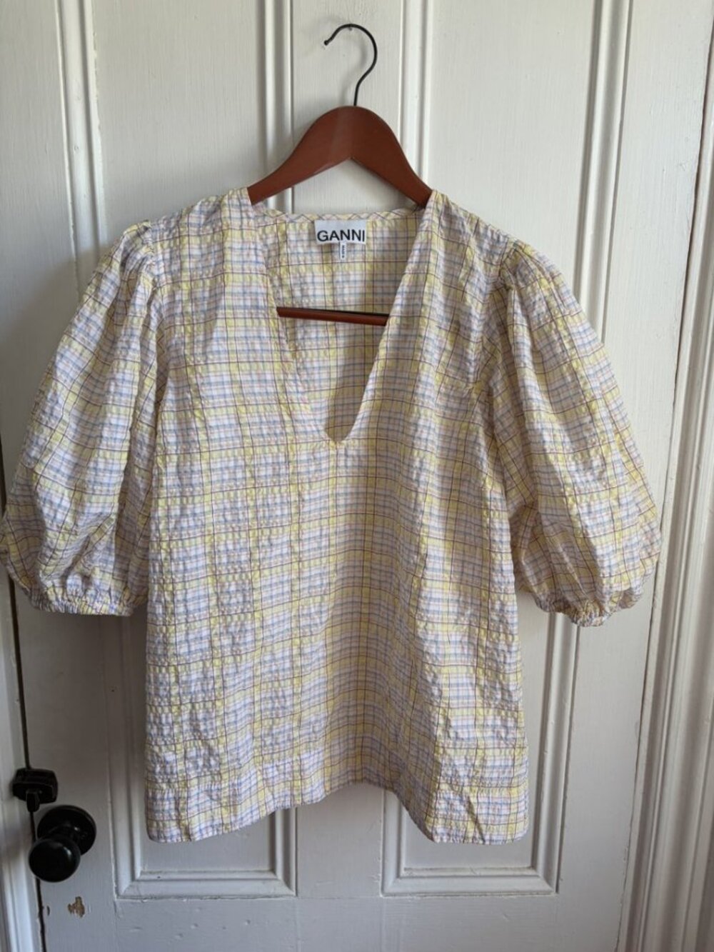 GANNI Seersucker Check Puff Sleeve V-Neck Blouse Yellow Plaid Size 38 / US 6
